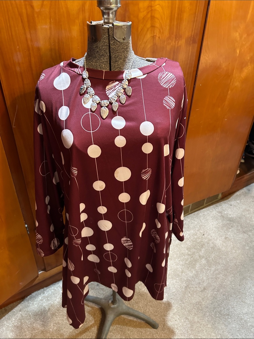 SHEIN Maroon Long Sleeve Tunic with Cream Dot Print